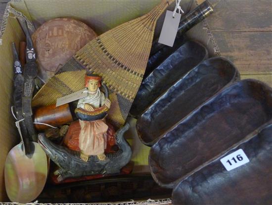 S. American carved calabash, painted figure carving, pair wood & abalone shell spoons, decorative carved & woven items etc.